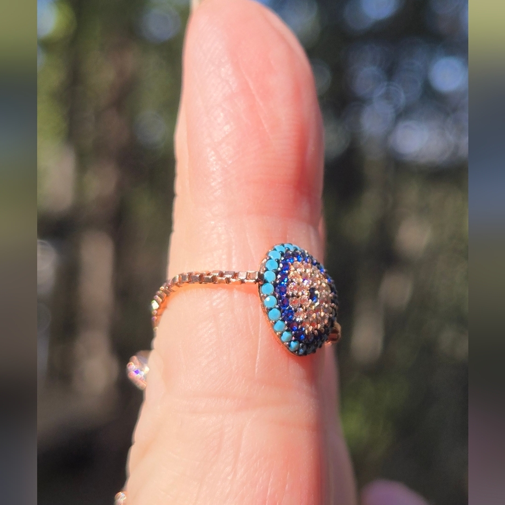 Sapphire Turquoise & Topaz Sterling & Gold Evil eye adjustable ring - Picture 7 of 10